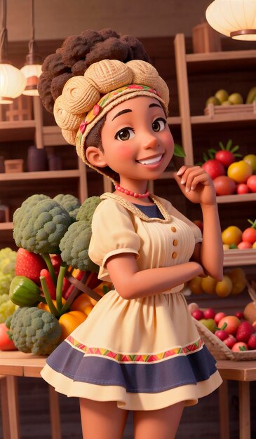 Hermosa trabajadora de supermercado afroamericana en el fondo de verduras y frutas IA generativa
