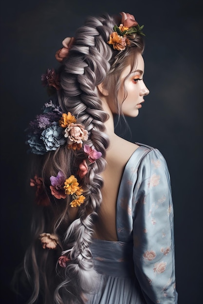 Hermosa trenza peinado cabello gris novia elegante peinado con flores Generativo Ai