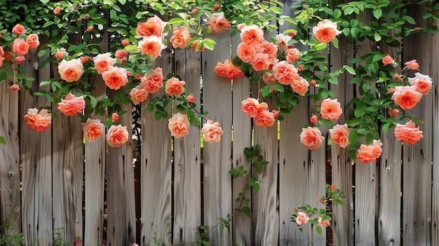 Una hermosa valla de madera está cubierta de rosas de melocotón que suben las rosas están en plena floración y su fragancia llena el aire