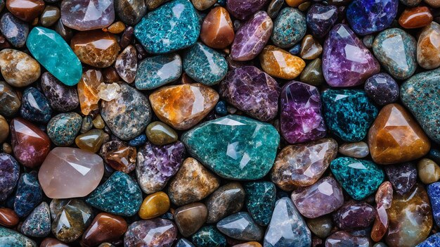 Una hermosa variedad de rocas brillantes desde cuarzo liso hasta ágata azul capturadas de cerca como una decoración