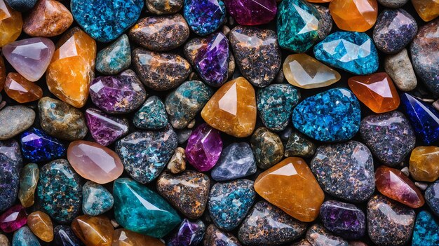 Una hermosa variedad de rocas brillantes desde cuarzo liso hasta ágata azul capturadas de cerca como una decoración