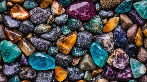 Una hermosa variedad de rocas brillantes desde cuarzo liso hasta ágata azul capturadas de cerca como una decoración