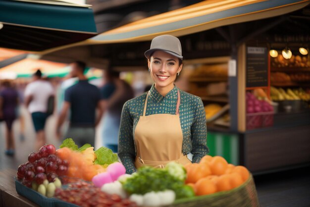 Una hermosa vendedora sonriente en un puesto de comida en la calle Generative AI_22