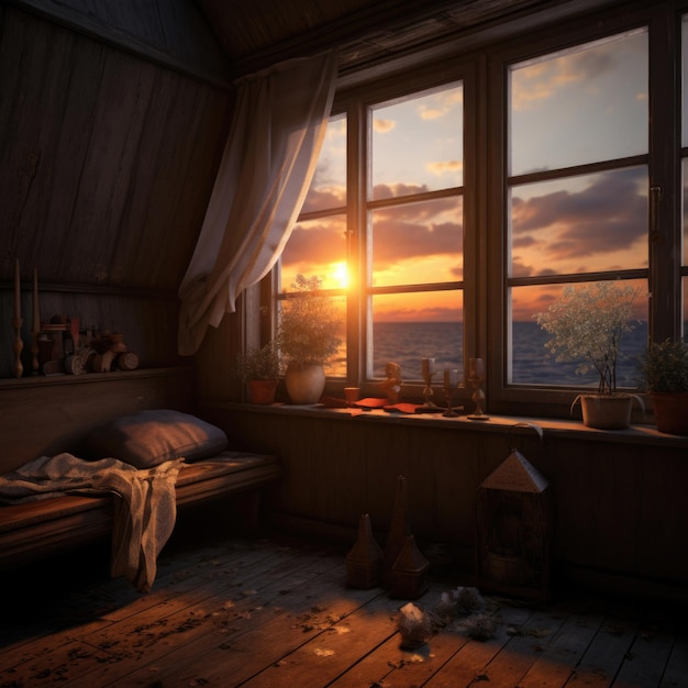 hermosa ventana en una habitación con un interior mágico por la noche