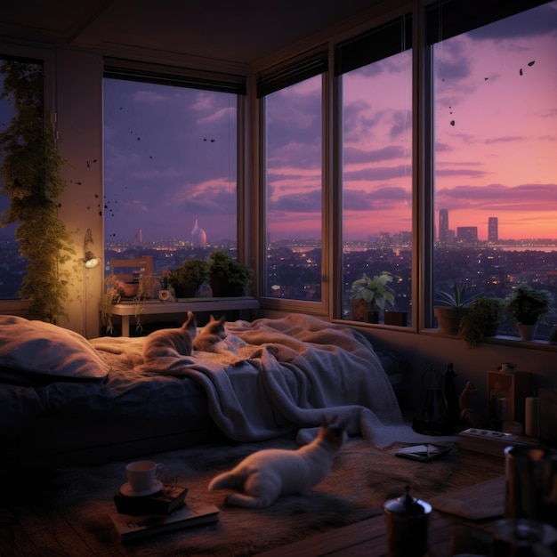 hermosa ventana en una habitación con un interior mágico por la noche