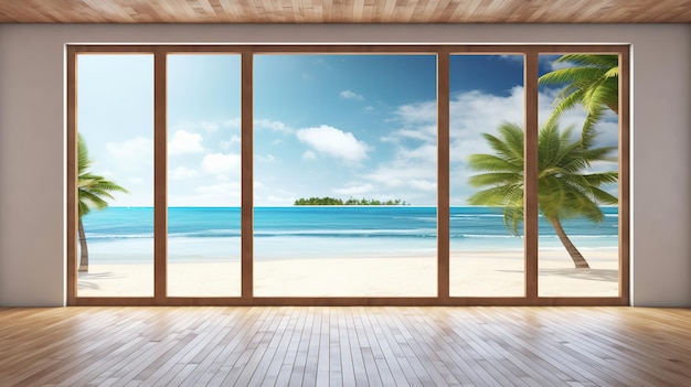 Hermosa ventana de vista para el diseño de estilo de vida de lujo Fondo natural Ilustración de stock Decoración de naturaleza de verano con palma Fondo de diseño de viaje