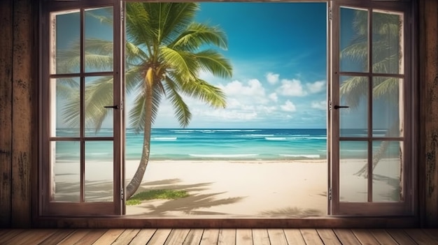 Foto hermosa ventana de vista para el diseño de estilo de vida de lujo fondo natural ilustración de stock decoración de naturaleza de verano con palma fondo de diseño de viaje