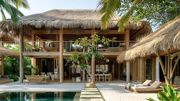 Una hermosa villa de playa con un techo de paja y una piscina