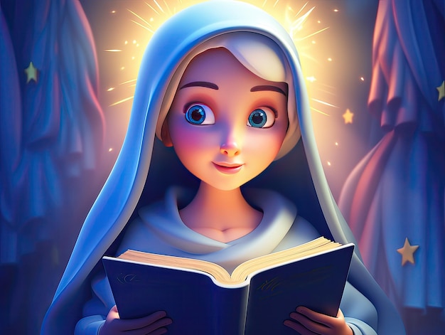 Hermosa Virgen María leyendo la Biblia Diseño de personajes en 3D dibujos animados escena colorida y lúdica