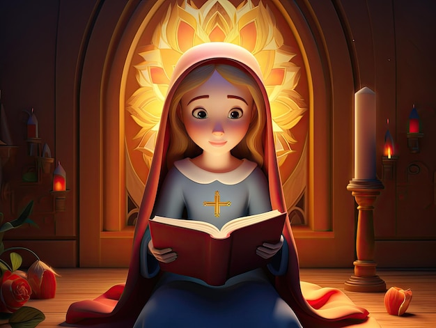 Hermosa Virgen María leyendo la Biblia Diseño de personajes en 3D dibujos animados escena colorida y lúdica