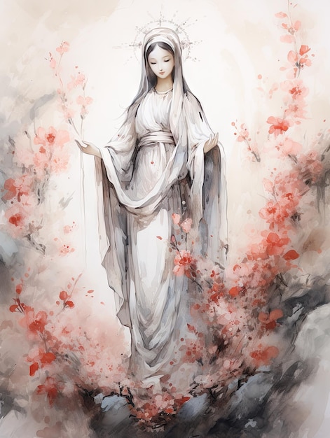 Foto hermosa virgen maría nuestra señora ilustración de estilo de tinta tradicional china santa obra de arte