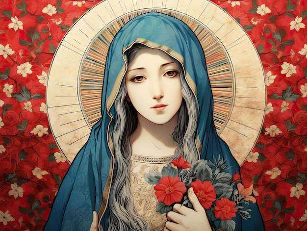 Hermosa Virgen María Nuestra Señora Madre de Dios Jesús estilo de arte japonés ilustración de bellas artes