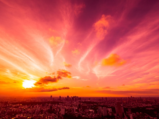 Hermosa vista aérea de la arquitectura y la construcción de la ciudad de Tokio al atardecer