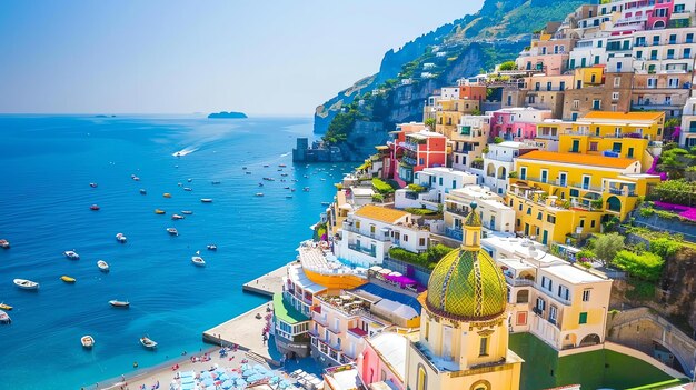 Una hermosa vista aérea de la colorida ciudad de Positano, en la costa de Amalfi, en Italia