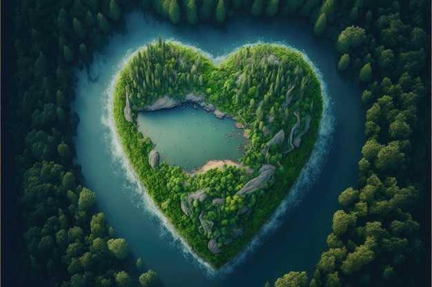 Hermosa vista aérea de un meandro con forma de corazón Concepto de amor IA generativa