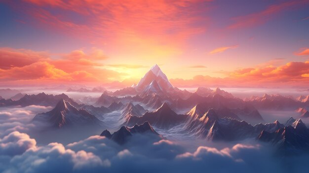 Hermosa vista aérea de nubes y picos de montaña hermosa vista panorámica de las montañas nevadas