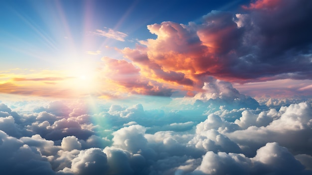 Hermosa vista aérea sobre las nubes al atardecer con arco iris Escalera en las nubes al cielo