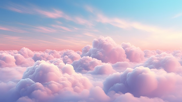 Hermosa vista aérea sobre nubes rosadas al atardecer en barbie world 3d rendering ilustración