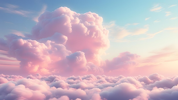 Hermosa vista aérea sobre nubes rosadas al atardecer en barbie world 3d rendering ilustración