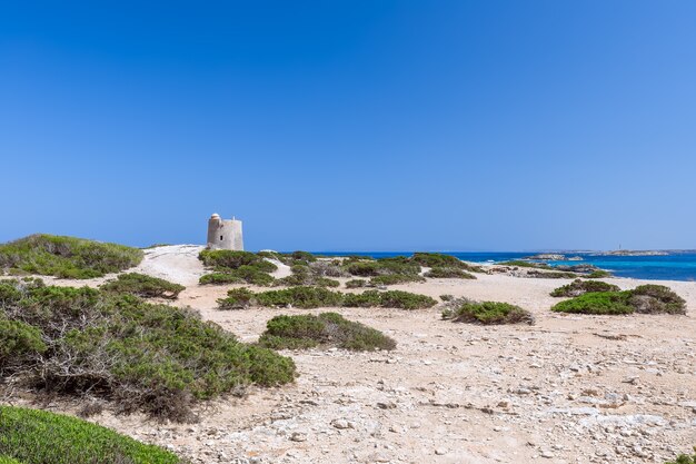 Hermosa vista de la antigua torre de observación Torre De Ses Portes y el faro en la costa de la isla de Ibiza. España