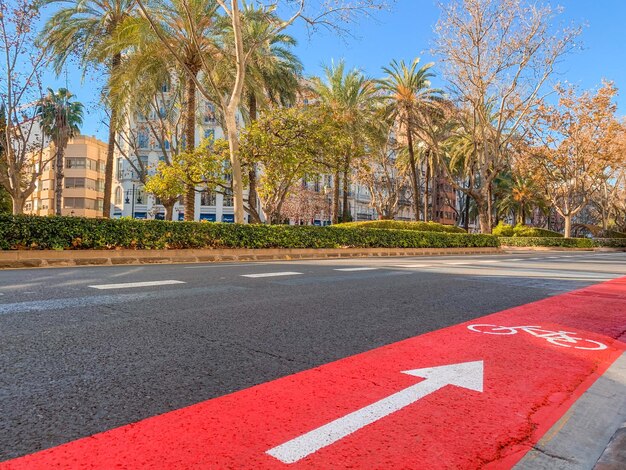 Hermosa vista de la avenida principal y carril bici en el centro de la ciudad de Valencia España