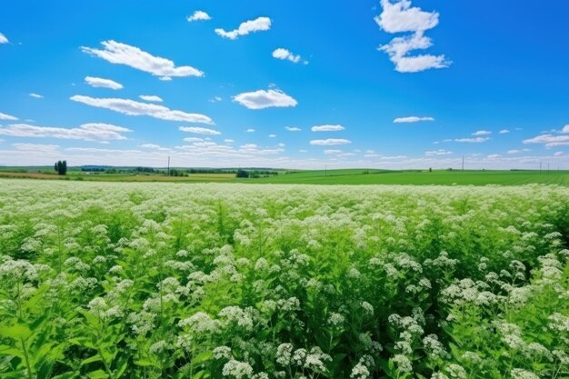 Hermosa vista del campo de trigo sarraceno bajo el cielo azul