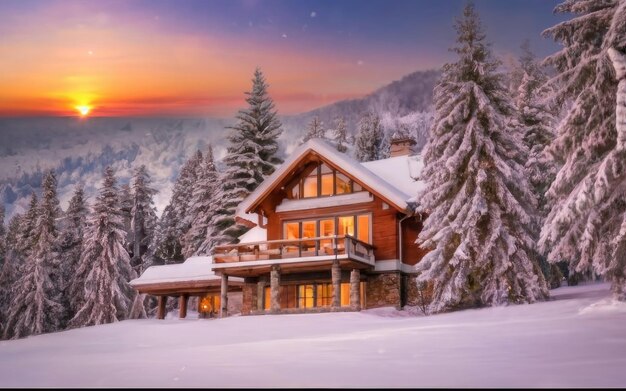 hermosa vista de una casa privada en invierno es la víspera de Navidad y mucha nieve la casa en el bosque