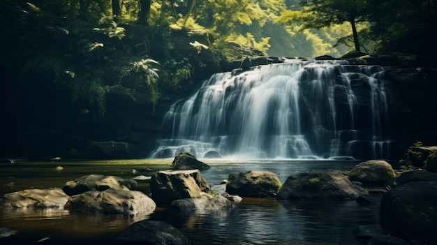 Hermosa vista de la cascada y el río en el bosque viajes paz y vacaciones