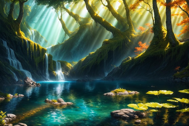 Hermosa vista de cascadas en pintura de bosque tropical Ilustraciones generativas de IA