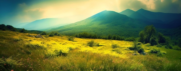 Una hermosa vista de la exuberante hierba verde y la montaña en un día soleado