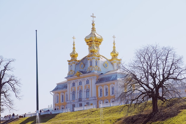 Hermosa vista del Gran Palacio en el Palacio Peterhof de San Petersburgo, Rusia.