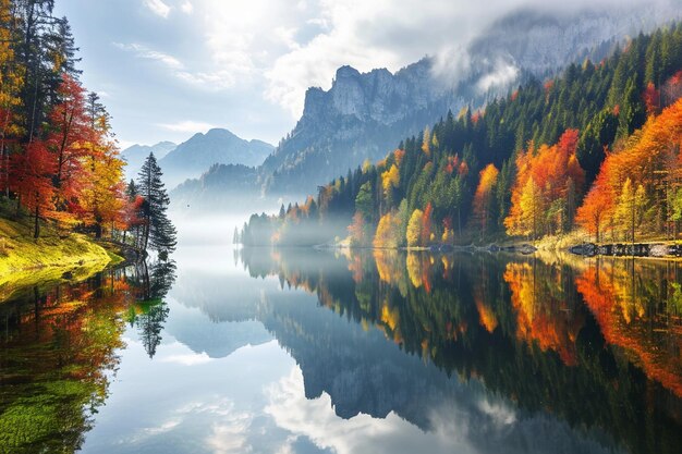 Foto una hermosa vista del idílico y colorido paisaje de otoño en el lago gosausee, austria