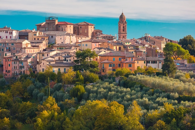 Hermosa vista de la iglesia y el casco antiguo de la ciudad medieval de Siena en el día soleado a través de hojas de otoño, Toscana, Italia