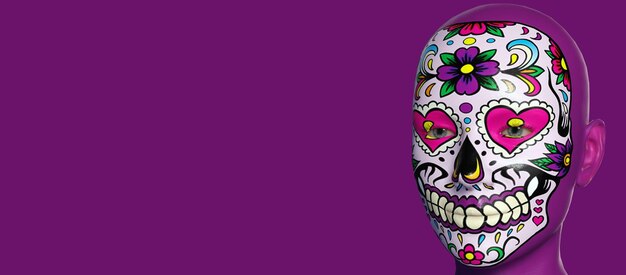 Una hermosa vista de ilustración 3d con pintura de calavera mexicana Fondo colorido