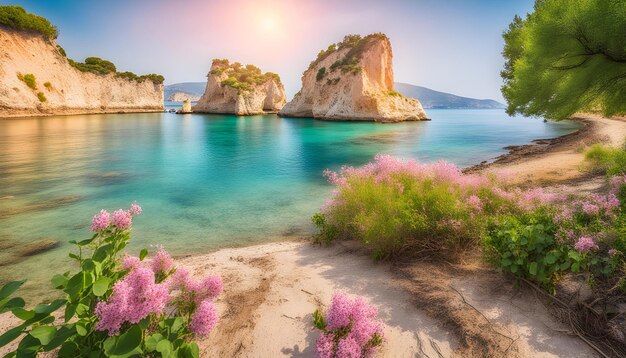 una hermosa vista de una isla rocosa con flores y rocas en el agua