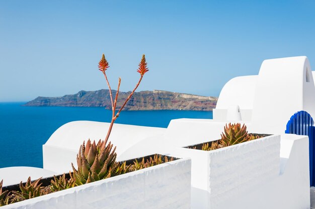 Hermosa vista de la isla de Santorini, Grecia. Arquitectura blanca y mar azul