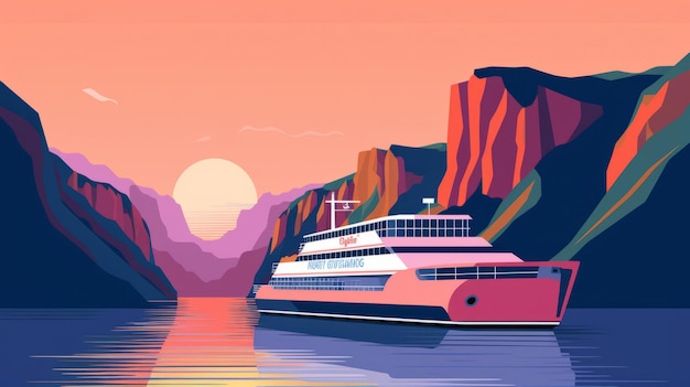 Hermosa vista lateral del ferry en línea de arte vectorial