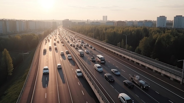 Hermosa vista lateral superior de los autos que circulan por la carretera con la tecnología Generative AI