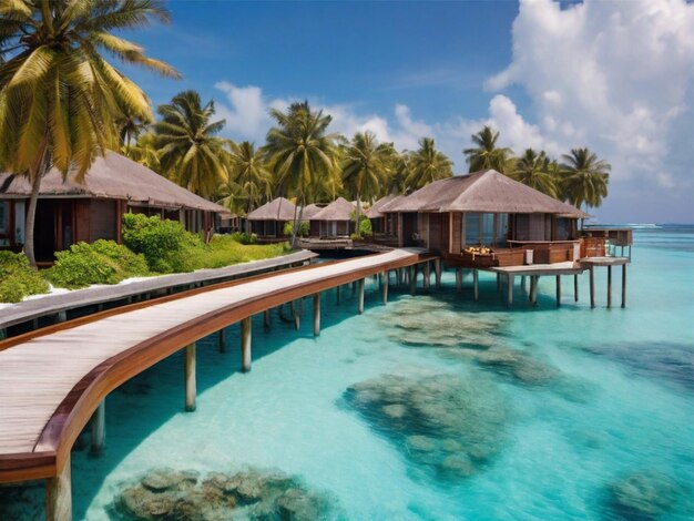 Hermosa vista de las Maldivas Resort Isla tropical con aguas azules claras y cocoteros