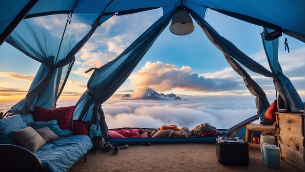 Una hermosa vista de un mar de nubes desde el interior de una tienda de campamento azul