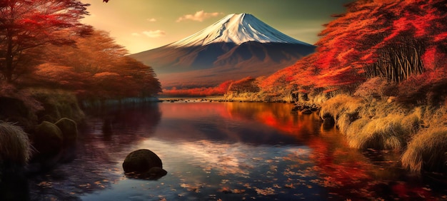 una hermosa vista a la montaña con el monte fuji en otoño