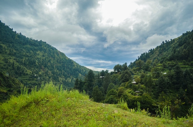 Hermosa vista de las montañas verdes y las nubes