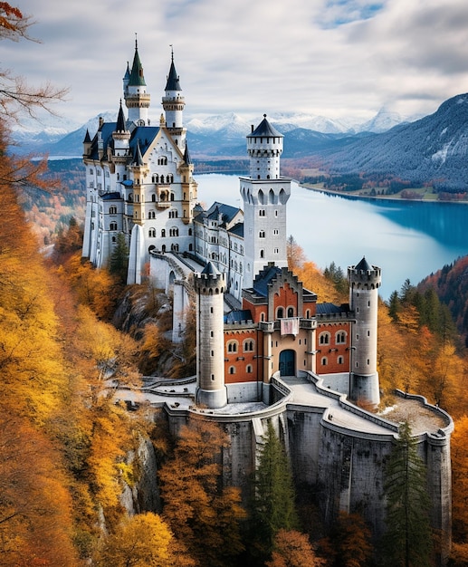 Foto hermosa vista del mundialmente famoso castillo de neuschwanstein, el palacio renacentista románico del siglo xix construido para el rey luis ii en un escarpado acantilado cerca de fussen, al suroeste de baviera, alemania