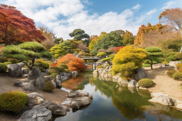 Una hermosa vista de la naturaleza hipnotizante en los jardines adelaide himeji de estilo tradicional japonés