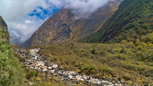 Hermosa vista de la naturaleza en un sendero de trekking hasta el campamento base de Annapurna, el Himalaya, Nepal. Paisaje montañoso del Himalaya en la región de Annapurna. Caminata al campo base de Annapurna.