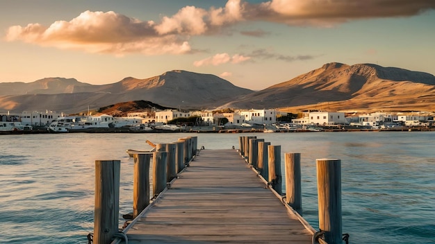 Foto hermosa vista de nikuria con muelle de madera y montañas en la isla de amorgos