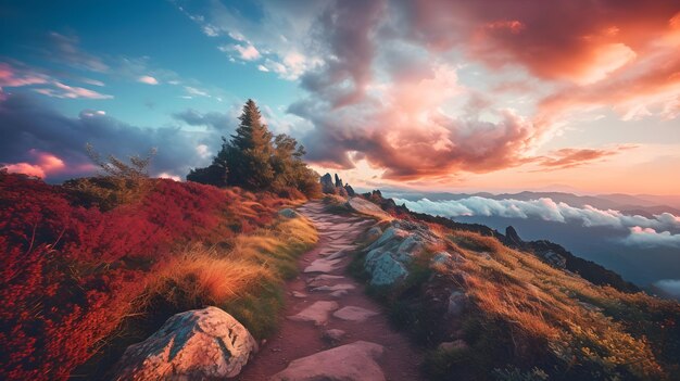 Hermosa vista del paisaje del amanecer en las montañas