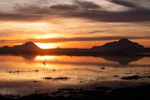 Hermosa vista del paisaje en el lago y la montaña durante el atardecer o el amanecer