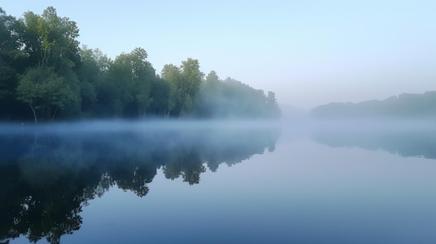 Hermosa vista del paisaje de pinos y vistas al lago con brillo solar y niebla sobre un lago IA generativa a orillas del lago