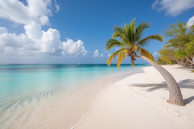 Una hermosa vista de una palmera en la idílica arena blanca de la playa de Eagle en Aruba